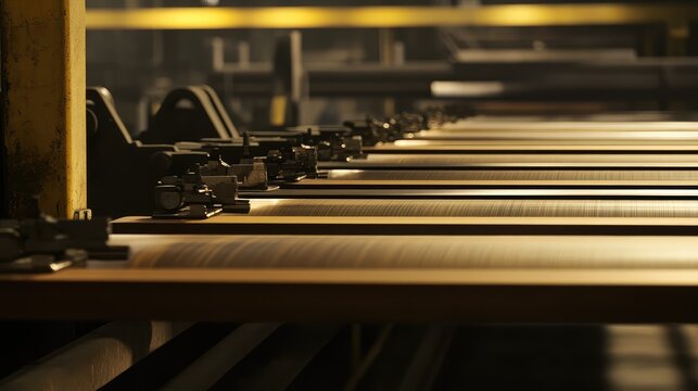 Metal sheets glide along a conveyor through industrial machinery, showcasing automated manufacturing, precision processing, and modern factory efficiency in close up detail