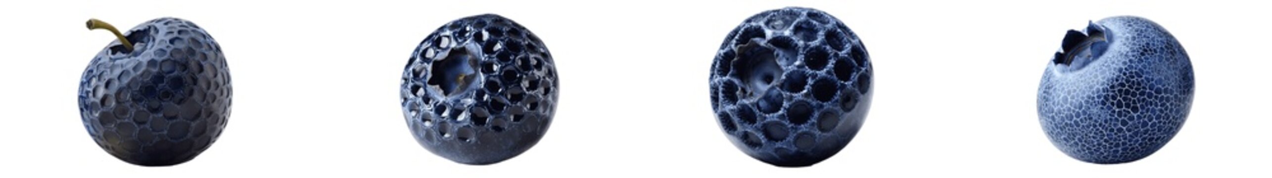 Set of surreal hybrid blueberry and golf ball fruits with abstract crater textures isolated on a transparent background for creative graphic design