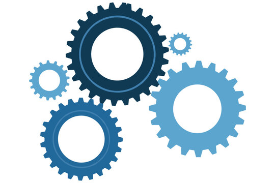Blue industrial gears and cogs set representing mechanism teamwork and engineering on background