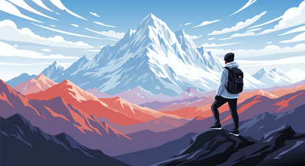 A solitary hiker stands atop a mountain, gazing at the breathtaking panoramic view of snow-capped peaks and rugged mountain ranges under a vast, cloudy sky © Beny Qurdy