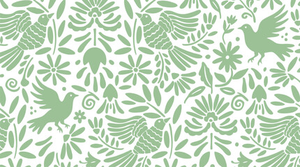 Fototapeta premium Elegant light green seamless pattern featuring stylized birds, folk flowers, and botanical leaves. Ideal for decorative textiles, wallpapers, and digital backgrounds