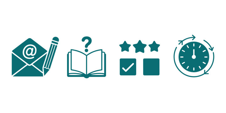 Teal of email pencil book question mark stars checkbox clock in white background