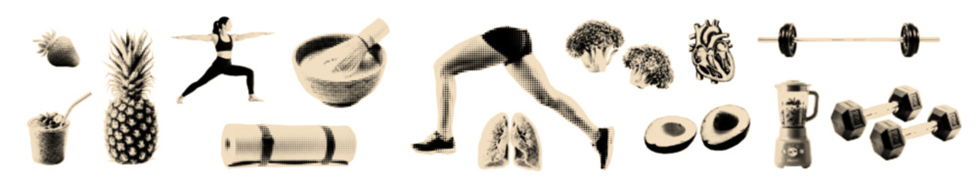 Healthy living halftone cut outs set. Fitness collage elements. 