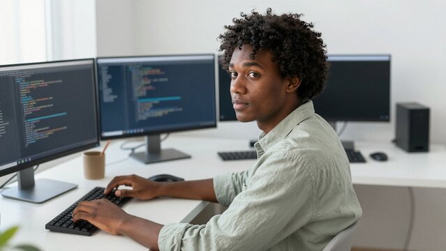 A young man with curly hair is coding on a computer with two monitors displaying code.
