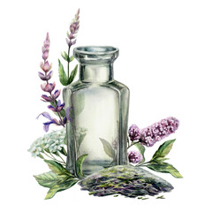 Sage, mint and yarrow with vintage glass bottle watercolor. Isolated apothecary jar, herbal bouquet and dry tea heap for organic calming beverage packaging, traditional medicine branding © AnKa