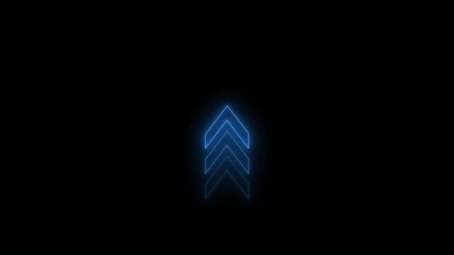 Neon glowing arrow pointer on up icon. Blue glowing led direction sign. Shine tube lamps in arrowhead shape.