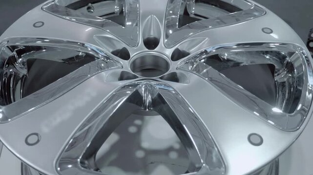 A modern, shiny rim for a car at an exhibition. Closeup. Shot in motion
