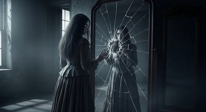 Ethereal woman gazes into a shattered mirror in a dimly lit room