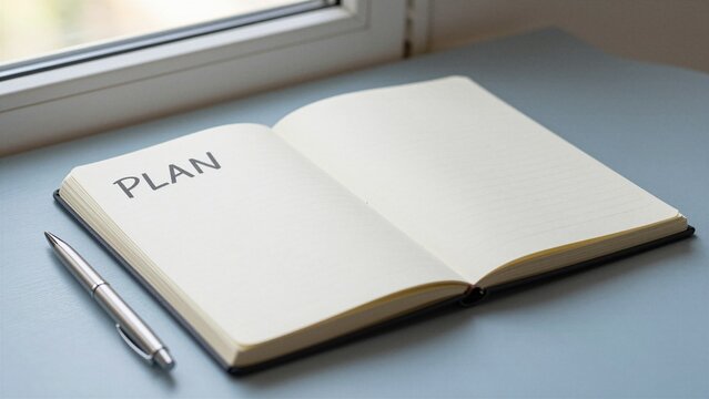 An open planner on a desk near a window, ready for planning and organizing tasks.