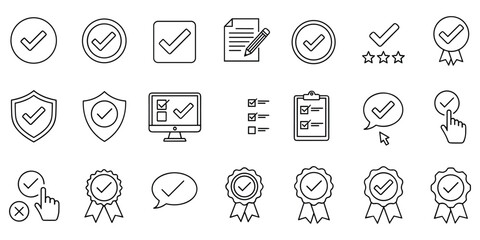Black thin line icons for checkmark verification quality control and business agreement processes © Shamsun