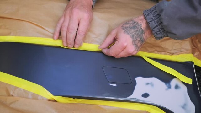 Auto body repair technician applying masking tape and securing protective covering on car bumper during vehicle paint preparation and refinishing process.