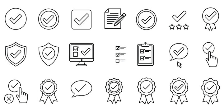 Black thin line icons for checkmark verification quality control and business agreement processes