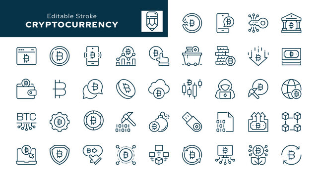 Cryptocurrency  and bitcoin outline icons set. Digital currency, coin, virtual money, payment system and more. Line icon in linear style. Vector collection	