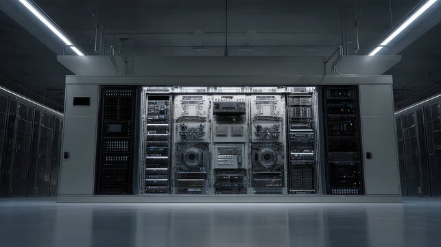 Modern high performance mainframe computer system operating in a large advanced data center, handling vast amounts of data and powering critical digital infrastructure