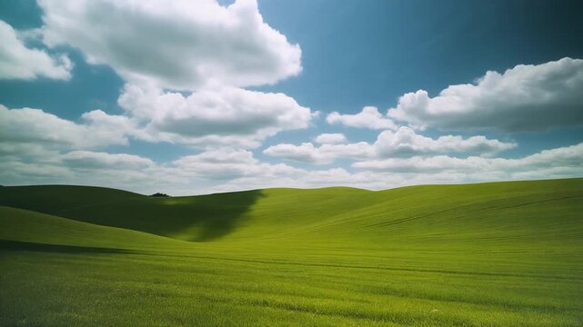 Green rolling hills landscape. Bright blue sky with white cumulus clouds. Shadows moving across grassy fields. Static camera shot. Serene nature scenery for background. Rural environment.