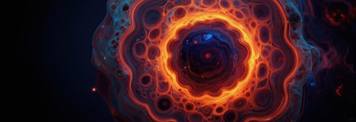 Fototapeta premium Abstract fiery cosmic organism with glowing blue and orange bioluminescent patterns. Surreal alien lifeform center with swirling vortex energy flow. Deep space background with small sparks.