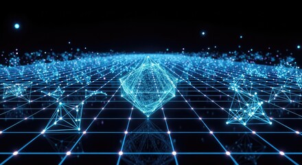 Obraz premium An endless holographic grid of glowing neon blue lines stretches into a dark digital horizon with complex geometric shapes and data nodes, horizon, connection, abstract