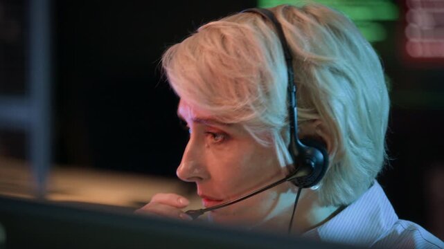 Close up shot of adult Caucasian female security engineer providing information via headset while working in control center