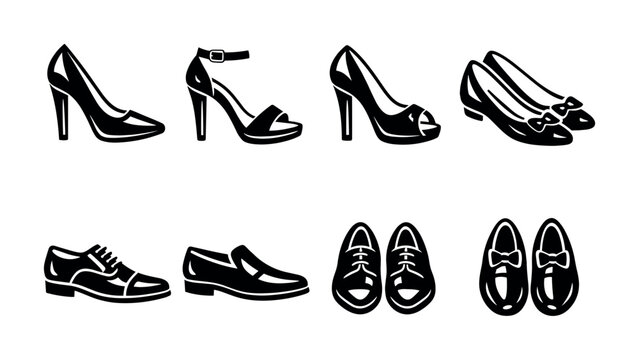 Collection of diverse footwear icons for men and women, presented in black and white