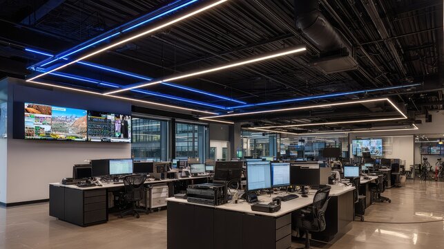 Large contemporary control center featuring multiple workstations, computers, and monitors displaying data, with sophisticated linear lighting illuminating the spacious office environment