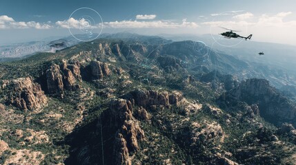 Obraz premium Military helicopters are flying across a sprawling mountain range, equipped with advanced surveillance technology and tactical data overlays for strategic operations
