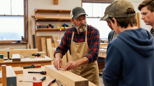 Man teaches carpentry class indoors. Senior craftsman shows students how to work with wood. Learners watch teacher in workshop. Building, joining materials.