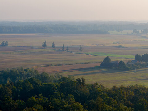 Aerial view of vast agricultural fields and a small farmstead bordered by a dense green forest under a soft morning haze in Taujenai, Vilnius County, Lithuania.