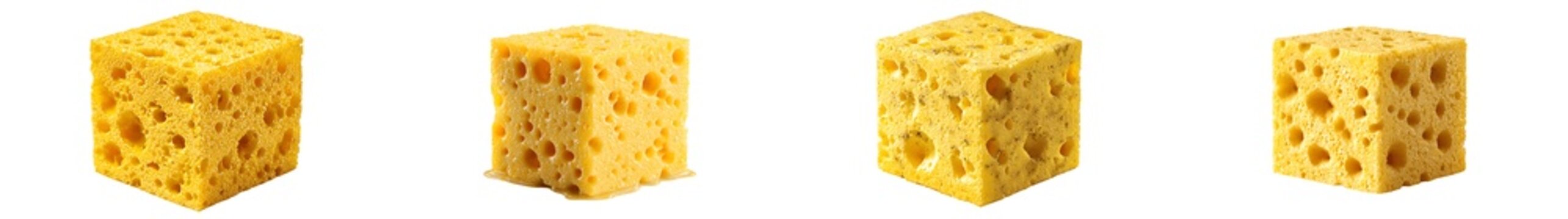 Set of yellow sponge cubes with porous texture and soft foam surfaces isolated on transparent background for household or 3D design