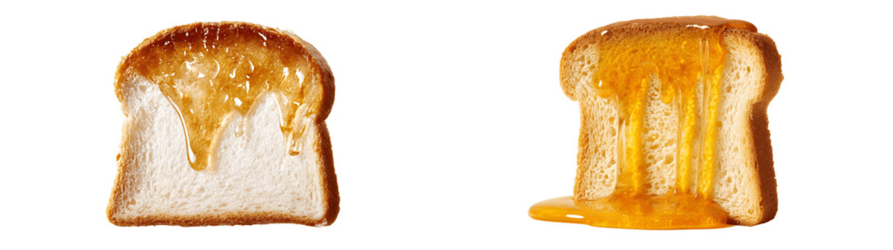 Set of toasted bread slices with dripping golden honey and sweet maple syrup isolated on transparent background for food marketing
