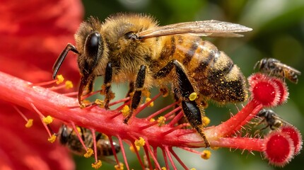 Fototapeta premium Close-up of Honeybee Collecting Nectar on Red Flower in Natural Outdoor Environment Macro View
