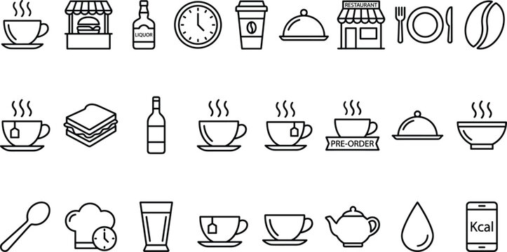 Restaurant and Cafe Line Icon Set with Coffee Cups Food Booth Cloche Wine Bottle Teapot Spoon Menu Counter and Healthy Nutrition Symbols