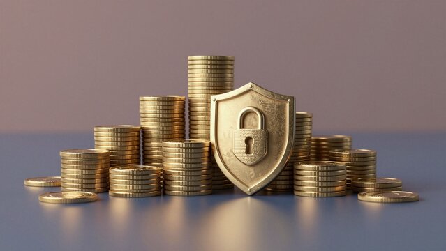 Stacks of golden coins surround a protective shield emblem, representing wealth protection and financial safety.