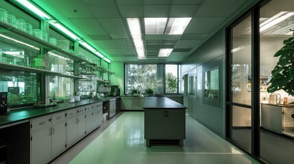Fototapeta premium Empty professional science laboratory featuring workbenches, equipment, cabinets, and illuminated plant cultivation areas, emphasizing research and development