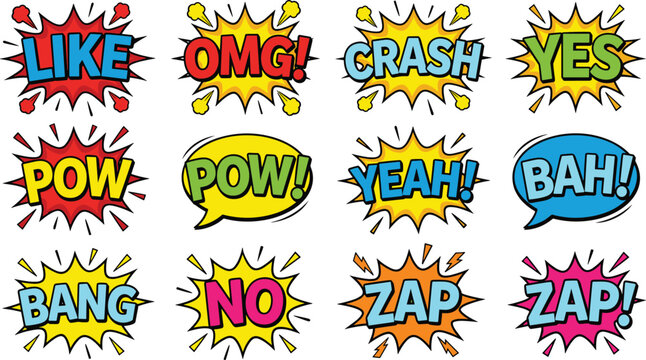 Pop Art Comic Book Speech Bubble Icon Set with Colorful Explosion Clouds Text Effects Sound Words Onomatopoeia Expression Graphic Design Elements