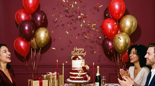 Friends celebrating a festive birthday party with a beautiful red and gold cake, balloons, and confetti, enjoying the happy occasion.