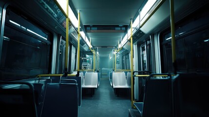 Obraz premium Subway car interior featuring rows of vacant seats and bright overhead lights with dark windows hinting at the urban night outside, emphasizing solitude and nocturnal travel