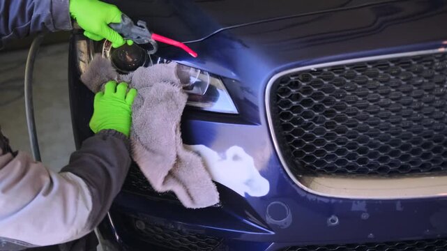 Auto body technician blowing water and moisture from repaired bumper surface with compressed air after cleaning process before automotive painting. Air drying before applying primer when painting car
