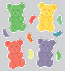 Obraz premium Illustration with colorful gummy bears and jelly beans. Playful stickers with bright treats