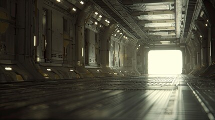 Naklejka premium Spacecraft interior corridor featuring a detailed futuristic design, leading towards a brightly illuminated exit, creating a sense of journey and exploration