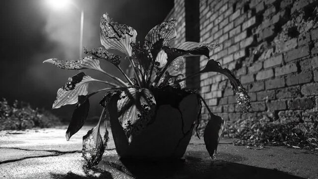 Black and white shot of a plant in a broken pot on a sidewalk lit by a street lamp at night