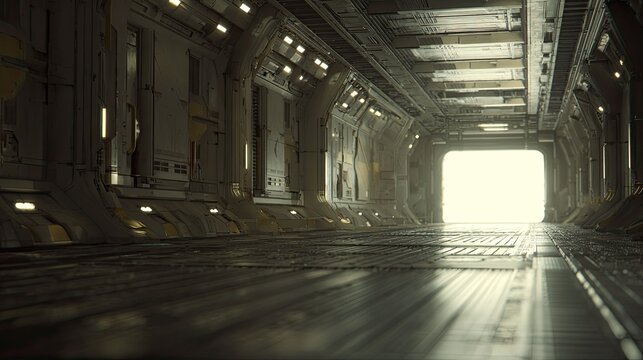Spacecraft interior corridor featuring a detailed futuristic design, leading towards a brightly illuminated exit, creating a sense of journey and exploration