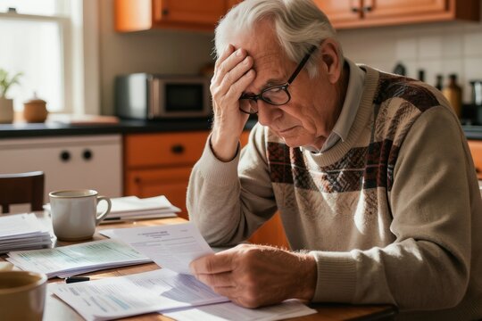 Elderly man sits at kitchen table with bills and papers. He holds his head in frustration. Financial worries, debt, and taxes cause stress and anxiety for the senior.