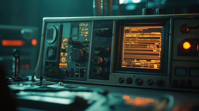 Control panel displaying abstract data on a glowing screen, featuring vintage buttons, knobs, and switches for operating machinery and old scientific equipment in a dark research facility