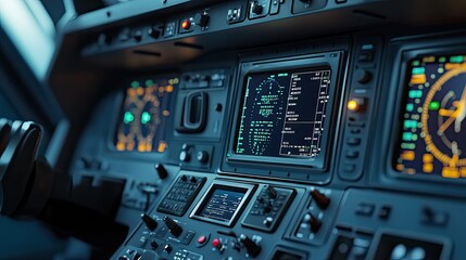 Fototapeta premium Aircraft cockpit featuring advanced navigation systems and control panel displays, providing pilots with critical flight information and control over aviation operations