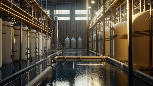 Industrial facility featuring numerous tanks, intricate piping, and water channels on the floor, conveying a sense of large scale production, engineering infrastructure, and processing