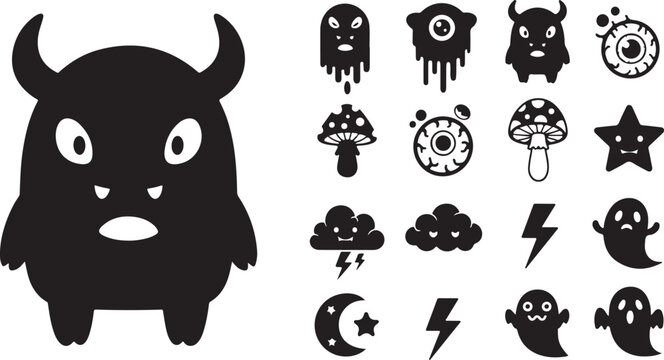 Cute monster icons, 17 spooky character vector set