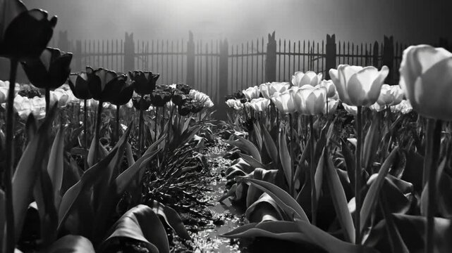 Black and white close up of a field of tulips with a foggy fence in the distance creating a moody scene.