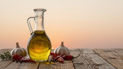 Obraz premium A glass carafe of olive oil surrounded by garlic, chili peppers, rosemary, and peppercorns on a rustic wooden surface against a warm sunset backdrop.