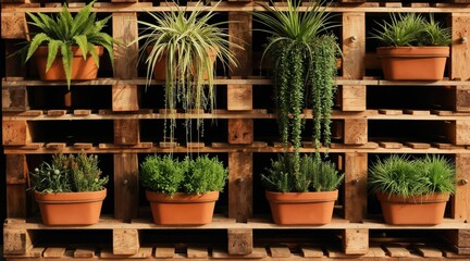 Fototapeta premium Vertical garden with potted plants on wooden pallet shelves. Green plants arranged in terracotta pots on rustic wood structure. Nature decor for home and patio spaces.