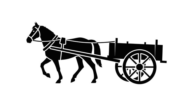 Silhouette of a horse pulling a wooden cart.